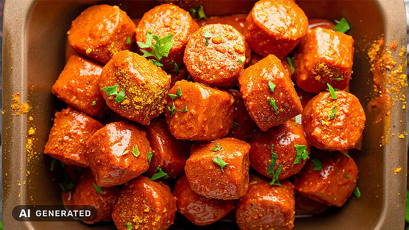 Currywurst mit Sauce auf Pappteller