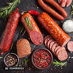Diverse Wurstsorten mit Rosmarin, Salz- und Pfefferkörnern in Schälchen