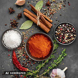 Paprikapulver, Salz- und bunte Pfefferkörner in Schälchen mit getrockneter Chilischote, Knoblauchknolle und Zimtstangen
