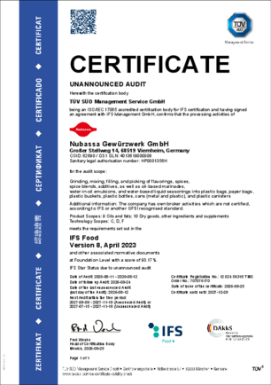 Certificate IFS Food V8 2026/27 english