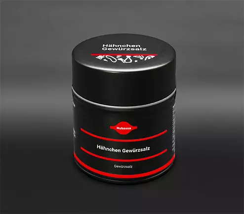 Feines Gewürzsalz mit Senf, Paprika und Chili für Hähnchenspezialitäten. 130 g Dose (Metall)