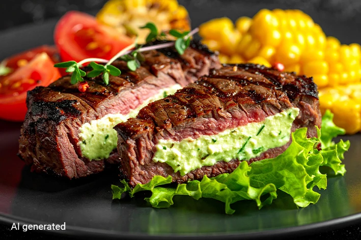 Rindersteak gefüllt mit körnigem Frischkäse