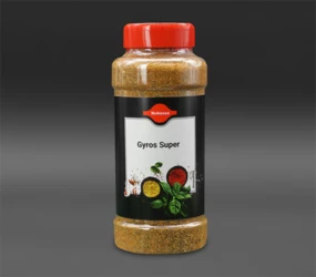 Gewürzsalz mit typisch mediterranen Kräutern, Paprika, Curry und Koriander für Gyrosspezialitäten. 600 g Dose