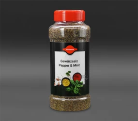 Grobes Gewürzsalz mit Pfeffer, Minze und Knoblauch, zum Würzen von Grill- und Bratenspezialitäten aller Art. Ohne E-Nummern. 550 g Dose